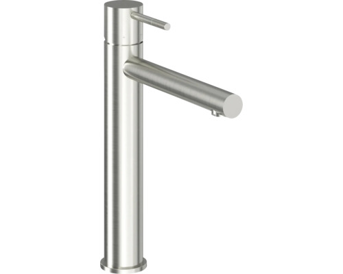 Vysoká umývadlová batéria z brúsenej nehrdzavejúcej ocele s pákovým ovládaním a valcovým výtokom.