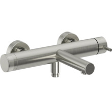 Nástenná vaňová batéria z kartáčovanej nehrdzavejúcej ocele s valcovým výtokom.