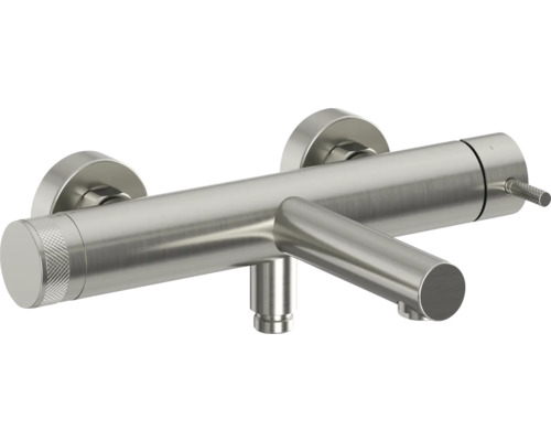 Nástenná vaňová batéria z kartáčovanej nehrdzavejúcej ocele s valcovým výtokom.