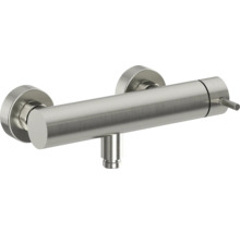 Nástenná sprchová batéria z kartáčovanej nerezovej ocele vo valcovom dizajne s bočným ovládaním.