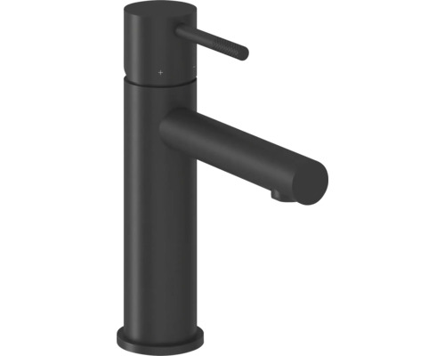 Moderná umývadlová batéria v matnej čiernej farbe s pákovým ovládaním a valcovým výtokom.