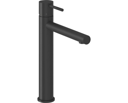 Vysoká umývadlová páková batéria v čiernej matnej farbe s valcovým výtokom a jemnou kolíkovou rukoväťou.