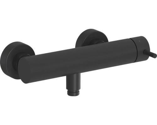 Čierna matná sprchová batéria na nástennú montáž v modernom valcovom dizajne.