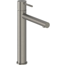 Páková umývadlová batéria s vysokým výtokom z kartáčovanej nerezovej ocele pre umývadlové misy.