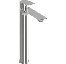 Vysoká umývadlová batéria v chrómovom vyhotovení s plochým výtokom a pákovým ovládaním pre umývadlá na dosku.