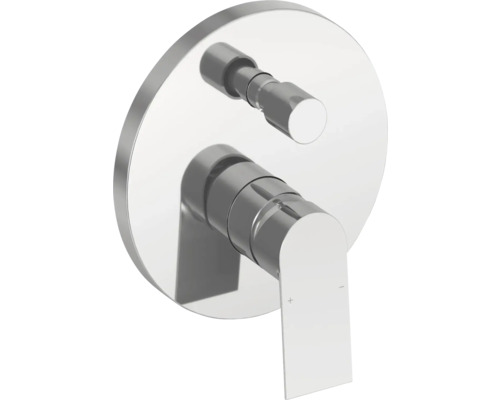 Podomietková páková batéria pre sprchu alebo vaňu z chrómovaného kovu s okrúhlou rozetou, ovládacou pákou a prepínačom.