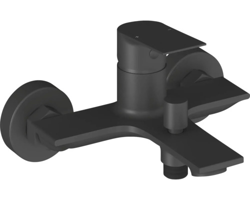 Čierna nástenná vaňová batéria s matným povrchom, plochým výtokom a pákovým ovládaním.