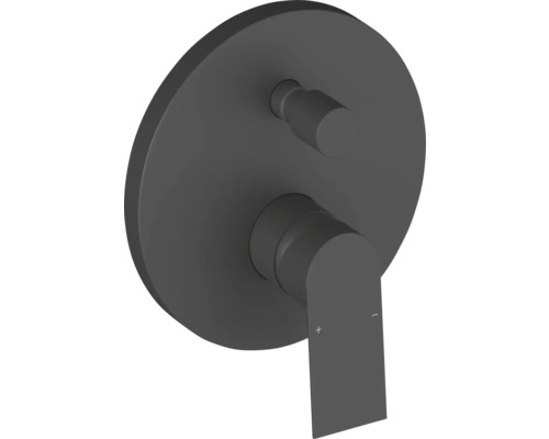 Podomietková páková batéria v matnej čiernej farbe s okrúhlou rozetou, plochou pákou a prepínačom pre sprchu alebo vaňu.