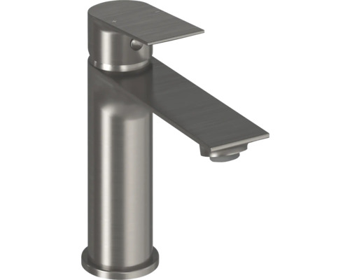 Umývadlová páková batéria z kartáčovaného kovu s plochým výtokom.