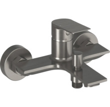 Páková vaňová batéria na nástennú montáž z kartáčovaného kovu s plochým výtokom a prepínačom.