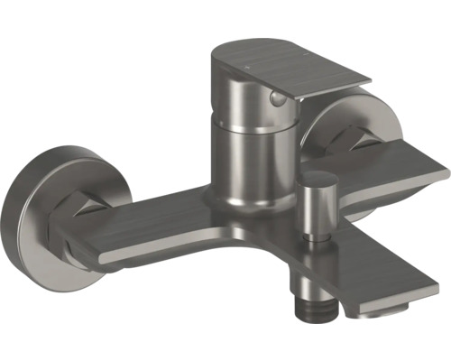 Páková vaňová batéria na nástennú montáž z kartáčovaného kovu s plochým výtokom a prepínačom.