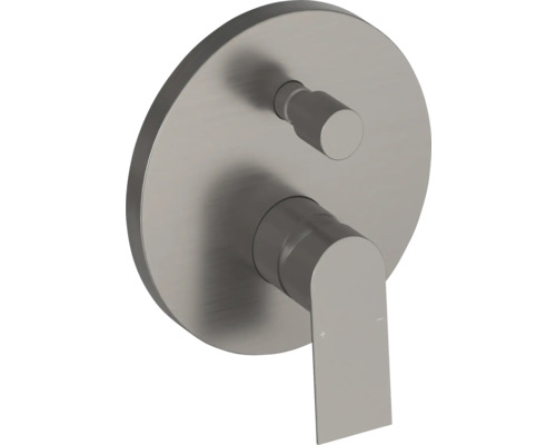 Podomietková batéria pre sprchu alebo vaňu s okrúhlou rozetou, pákovým ovládaním a prepínačom z brúseného kovu.