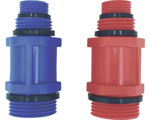 Dva plastové pripojovacie kusy pre rozdeľovače, modrý a červený, s vonkajším závitom a gumovým tesnením.