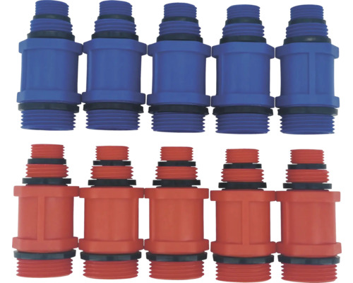 Sada 10 plastových hadicových spojok, päť modrých a päť červených, so závitom a čiernymi tesniacimi krúžkami.