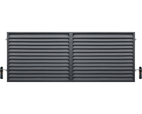 Dvojkrídlová brána POLBRAM LORA 4 m 1,5 m motor WGBRA‑T000351 Dvojkrídlová vjazdová brána v antracitovej farbe s horizontálnymi lamelami a elektrickým pohonom.