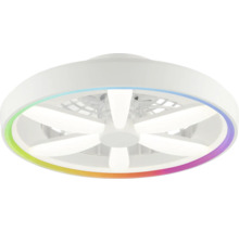Okrúhly stropný ventilátor s LED osvetlením a farebným RGB kruhom v bielej farbe.