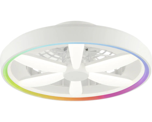 Okrúhly stropný ventilátor s LED osvetlením a farebným RGB kruhom v bielej farbe.