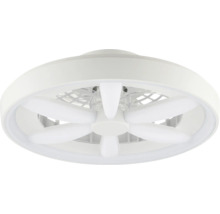 Okrúhly biely stropný ventilátor s integrovaným LED svetelným kruhom a niekoľkými bielymi lopatkami.