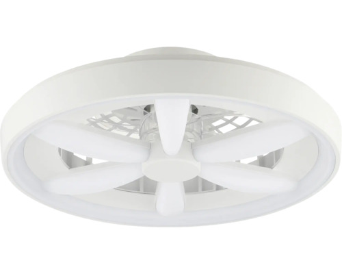Okrúhly biely stropný ventilátor s integrovaným LED svetelným kruhom a niekoľkými bielymi lopatkami.