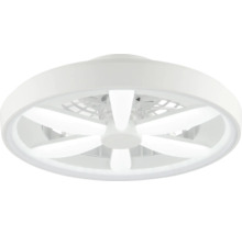 Moderný stropný ventilátor s LED osvetlením, okrúhly biely dizajn so šiestimi svetelnými prvkami usporiadanými do hviezdy.