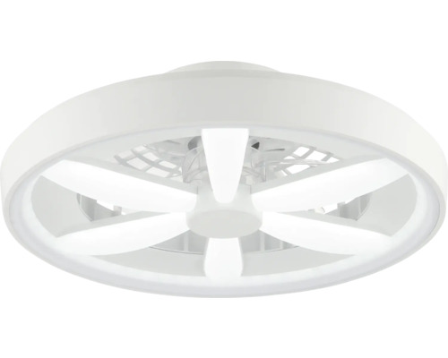 Moderný stropný ventilátor s LED osvetlením, okrúhly biely dizajn so šiestimi svetelnými prvkami usporiadanými do hviezdy.