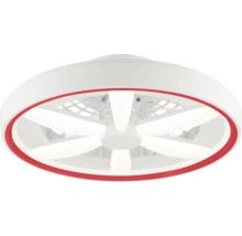 Moderný stropný ventilátor s integrovaným LED osvetlením, kruhovým krytom a červeným dekoračným krúžkom.