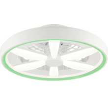 Moderný okrúhly stropný ventilátor s integrovaným LED osvetlením a zeleným ozdobným krúžkom.