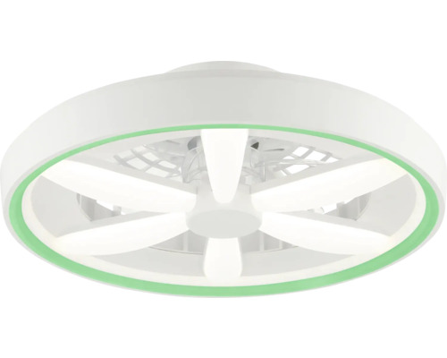 Moderný okrúhly stropný ventilátor s integrovaným LED osvetlením a zeleným ozdobným krúžkom.
