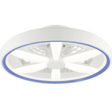 Stropný ventilátor s LED osvetlením, okrúhly dizajn s bielymi lopatkami a modrým krúžkom.