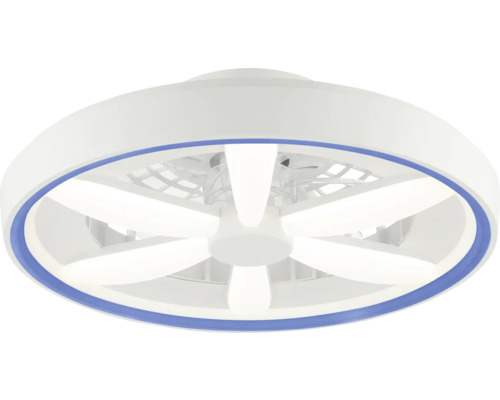 Stropný ventilátor s LED osvetlením, okrúhly dizajn s bielymi lopatkami a modrým krúžkom.