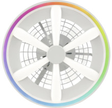 Moderný stropný ventilátor s LED osvetlením, hviezdicovitými svetelnými prvkami a vonkajším farebným svetelným krúžkom.