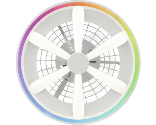 Moderný stropný ventilátor s LED osvetlením, hviezdicovitými svetelnými prvkami a vonkajším farebným svetelným krúžkom.