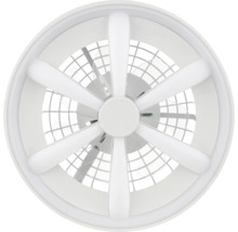 Moderný stropný ventilátor v bielej farbe s integrovaným LED osvetlením v tvare hviezdy a ochrannou mriežkou.