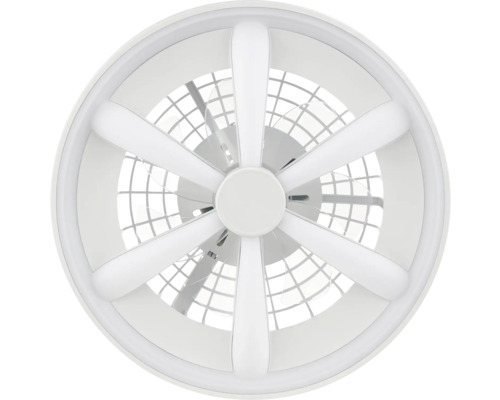 Moderný stropný ventilátor v bielej farbe s integrovaným LED osvetlením v tvare hviezdy a ochrannou mriežkou.
