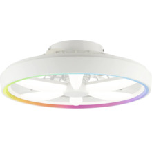 Biely stropný ventilátor s integrovaným LED osvetlením a svetelným prstencom s farebným efektom.
