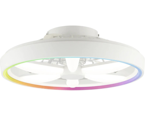 Biely stropný ventilátor s integrovaným LED osvetlením a svetelným prstencom s farebným efektom.