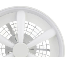Moderný okrúhly stropný ventilátor s integrovaným LED osvetlením a ochrannou mriežkou.
