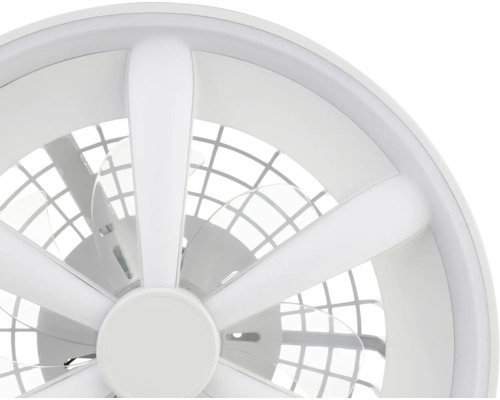 Moderný okrúhly stropný ventilátor s integrovaným LED osvetlením a ochrannou mriežkou.