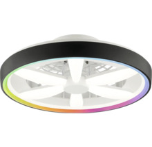 Okrúhly stropný ventilátor v čiernej farbe s integrovaným bielym osvetlením, svetelnými prvkami v tvare hviezdy a farebným svetelným prstencom.