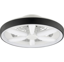 Stropný ventilátor s integrovaným LED osvetlením, okrúhly dizajn s čiernym vonkajším krúžkom a bielymi lopatkami ventilátora.