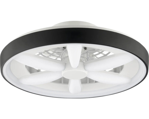 Stropný ventilátor s integrovaným LED osvetlením, okrúhly dizajn s čiernym vonkajším krúžkom a bielymi lopatkami ventilátora.