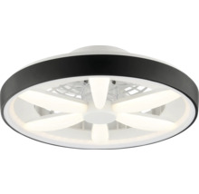 Moderný okrúhly stropný ventilátor s integrovanými LED panelmi a čiernym vonkajším prstencom.