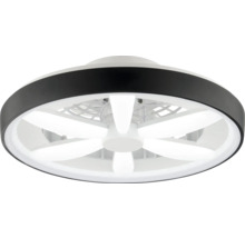 Okrúhly stropný ventilátor s integrovaným LED osvetlením, čierny vonkajší kruh a päť bielych lopatiek.