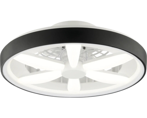 Okrúhle stropné svietidlo s integrovaným ventilatorom, čiernym vonkajším prstencom a hviezdicovitým LED osvetlením.