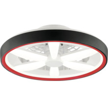 Moderný stropný ventilátor s integrovaným LED osvetlením, okrúhly dizajn s čierno-červeným krytom.