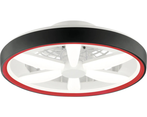 Moderný stropný ventilátor s integrovaným LED osvetlením, okrúhly dizajn s čierno-červeným krytom.