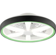 Moderný okrúhly stropný ventilátor s integrovaným hviezdicovitým LED osvetlením a čiernym vonkajším krúžkom so zeleným svetelným akcentom.