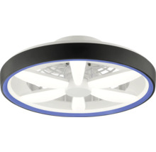 Moderný stropný ventilátor s LED osvetlením, okrúhly čierny rám s modrým svetelným krúžkom a bielymi vejárovitými LED prvkami.