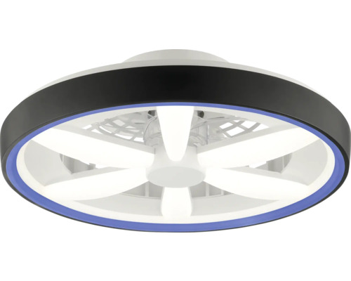 Moderný stropný ventilátor s LED osvetlením, okrúhly čierny rám s modrým svetelným krúžkom a bielymi vejárovitými LED prvkami.