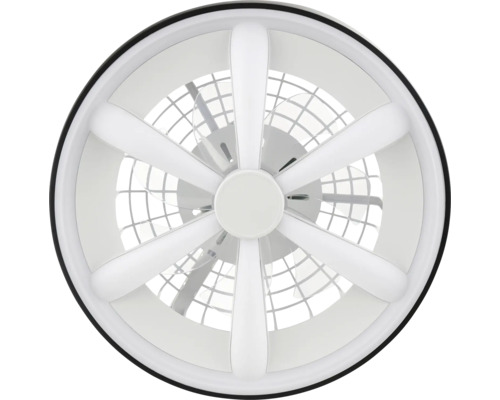 Okrúhly stropný ventilátor v bielej farbe s integrovaným LED osvetlením a šiestimi lúčmi.